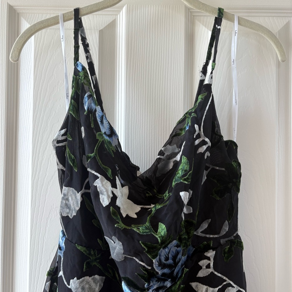 Lulus Floral Black and Blue Spaghetti Strap Dress - Large